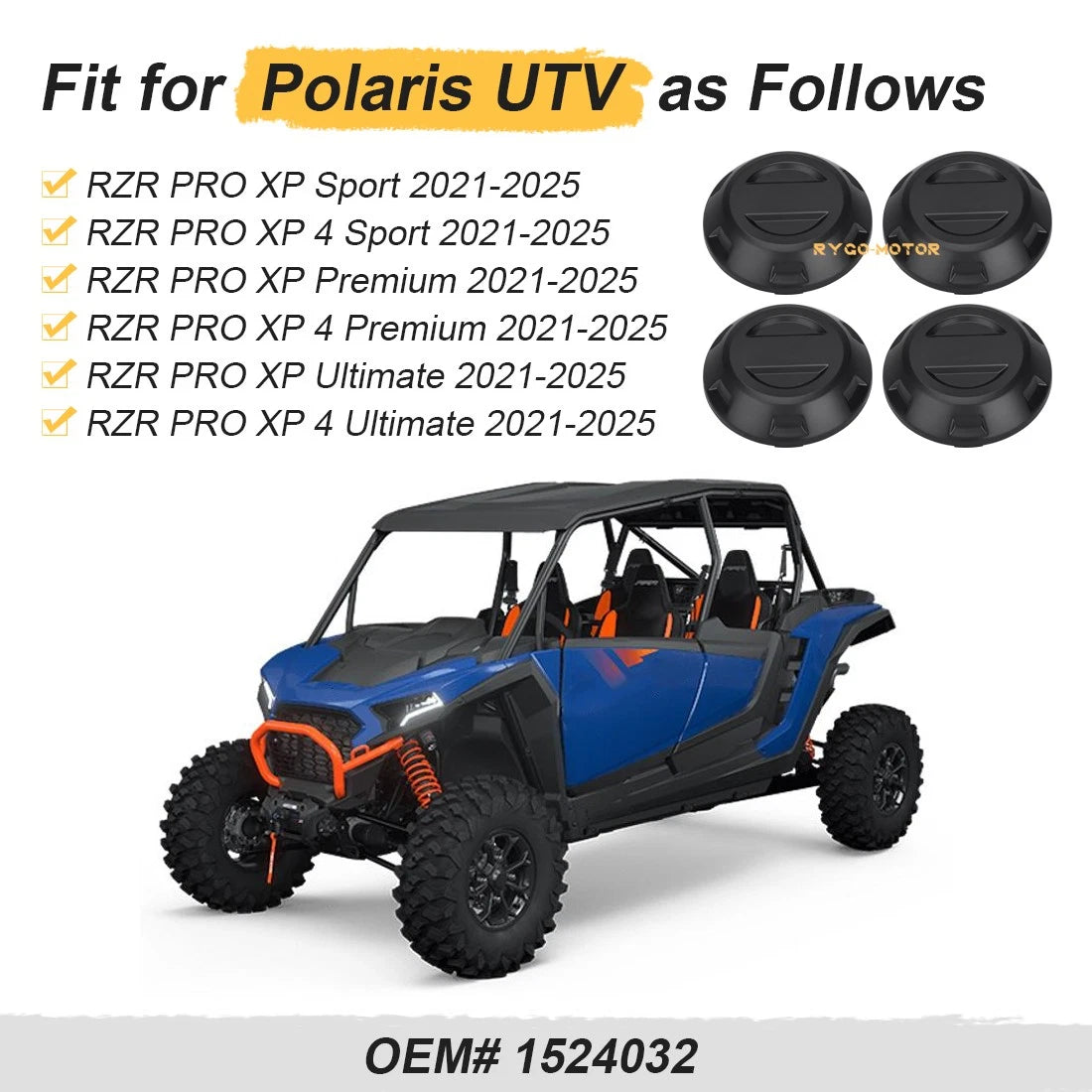 Set of 4 Wheel Rim Hub Caps for Polaris RZR Pro XP Sport (2021–2025)