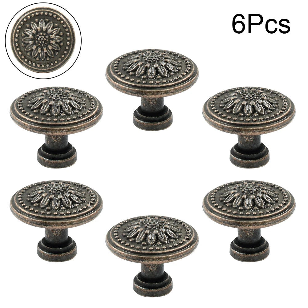 Set of 6 Antique Bronze Flower Door Handles for Dresser Drawer