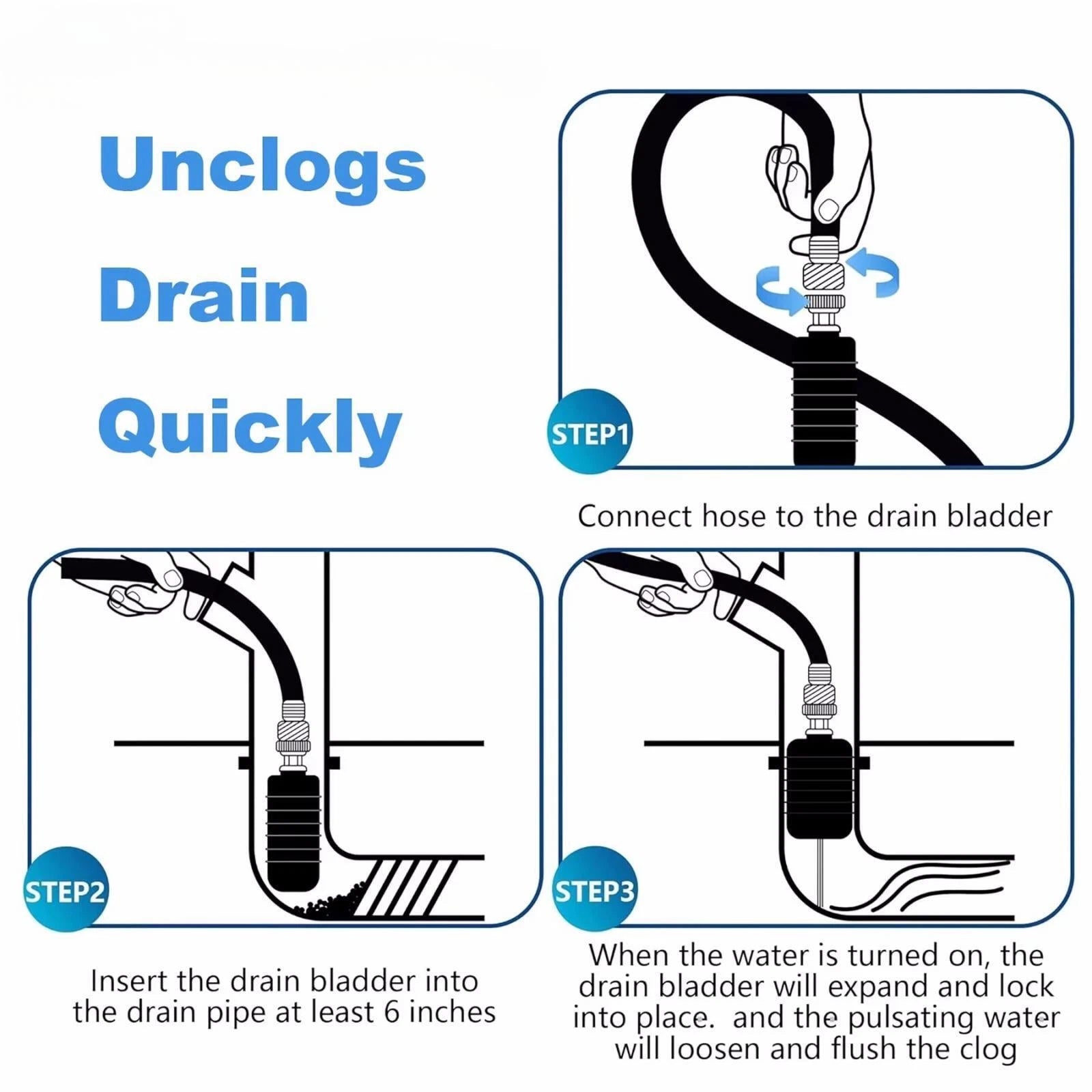 3 Rubber Bladders Drain Cleaning Kit for 1-6 Inch Pipes