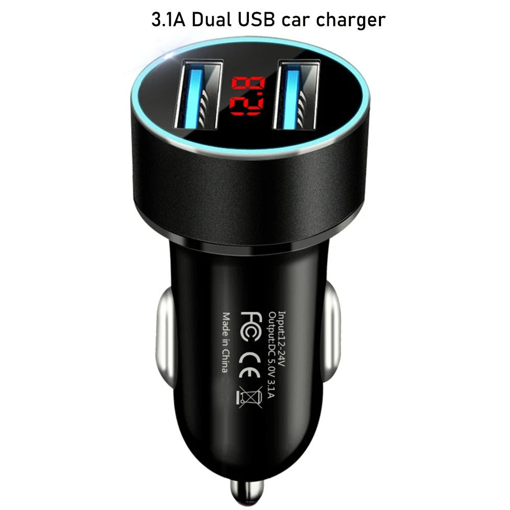 Dual USB Car Phone Charger with LED Display for Universal Use (2010–2023)