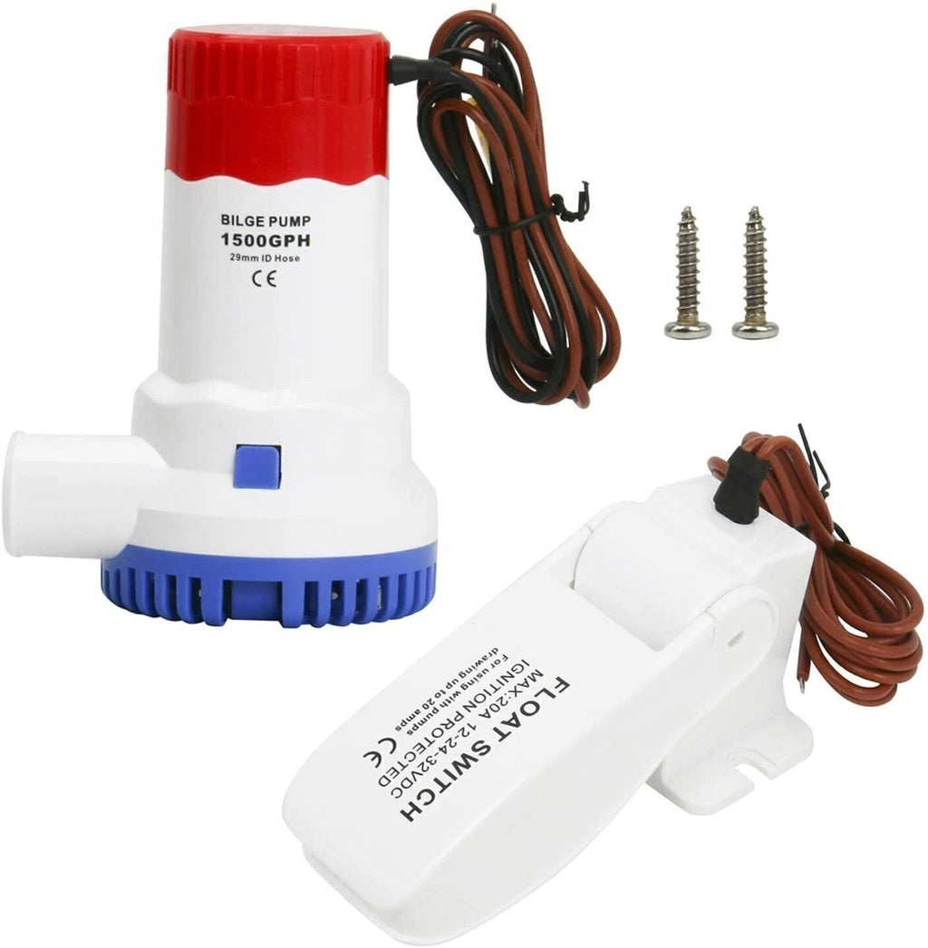 12V 1500GPH Bilge Pump for Boat (w/ Float Switch, 29mm ID Hose)
