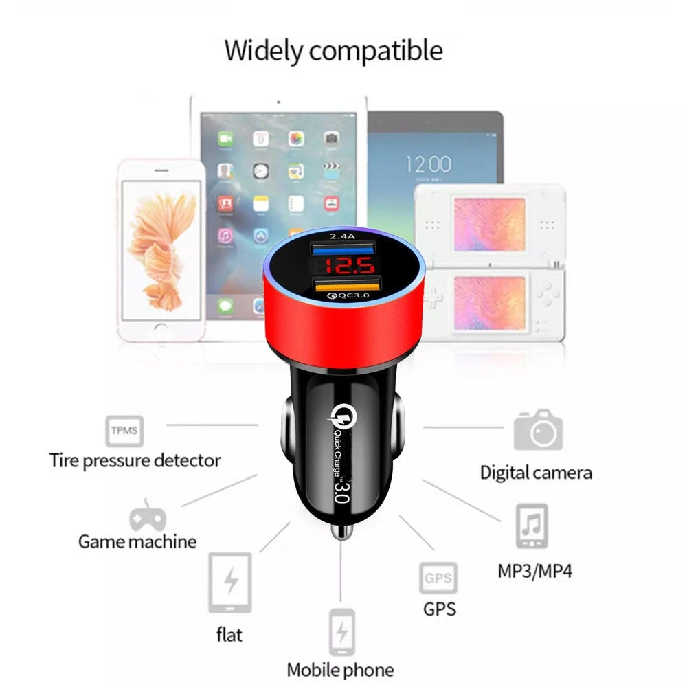 Dual USB Fast Charger Cigarette Lighter Socket with LED Display QC3.0 for Cars