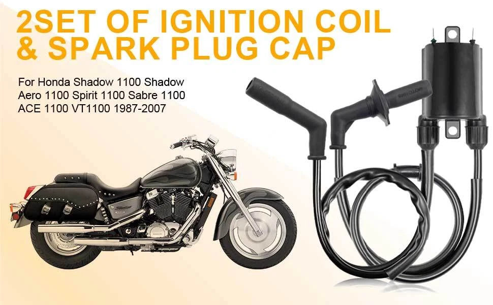 2Pcs Ignition Coils & Spark Plug Caps for Honda Shadow 1100 VT1100 (1987–1998)
