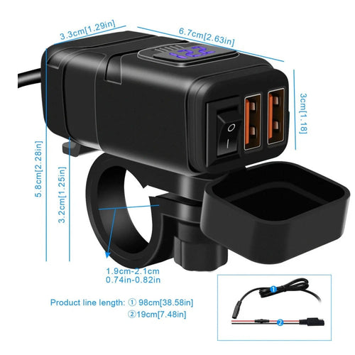 12V Dual USB Fast Charger Adapter with Voltmeter for Motorcycle (Universal)