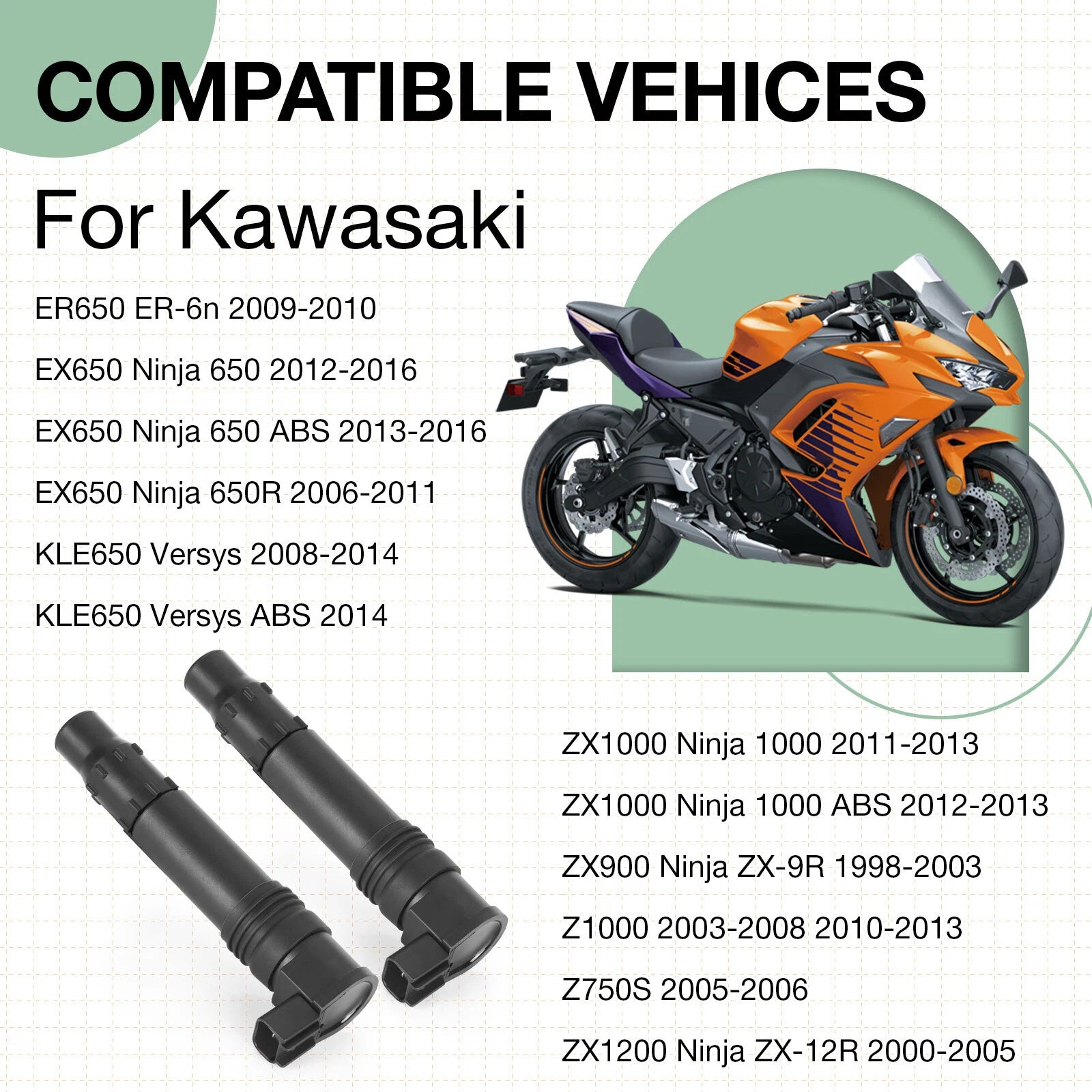 2X Ignition Coil for Kawasaki Ninja (21171-1286, 21171-1265, 21171-0028, 129700-4180)