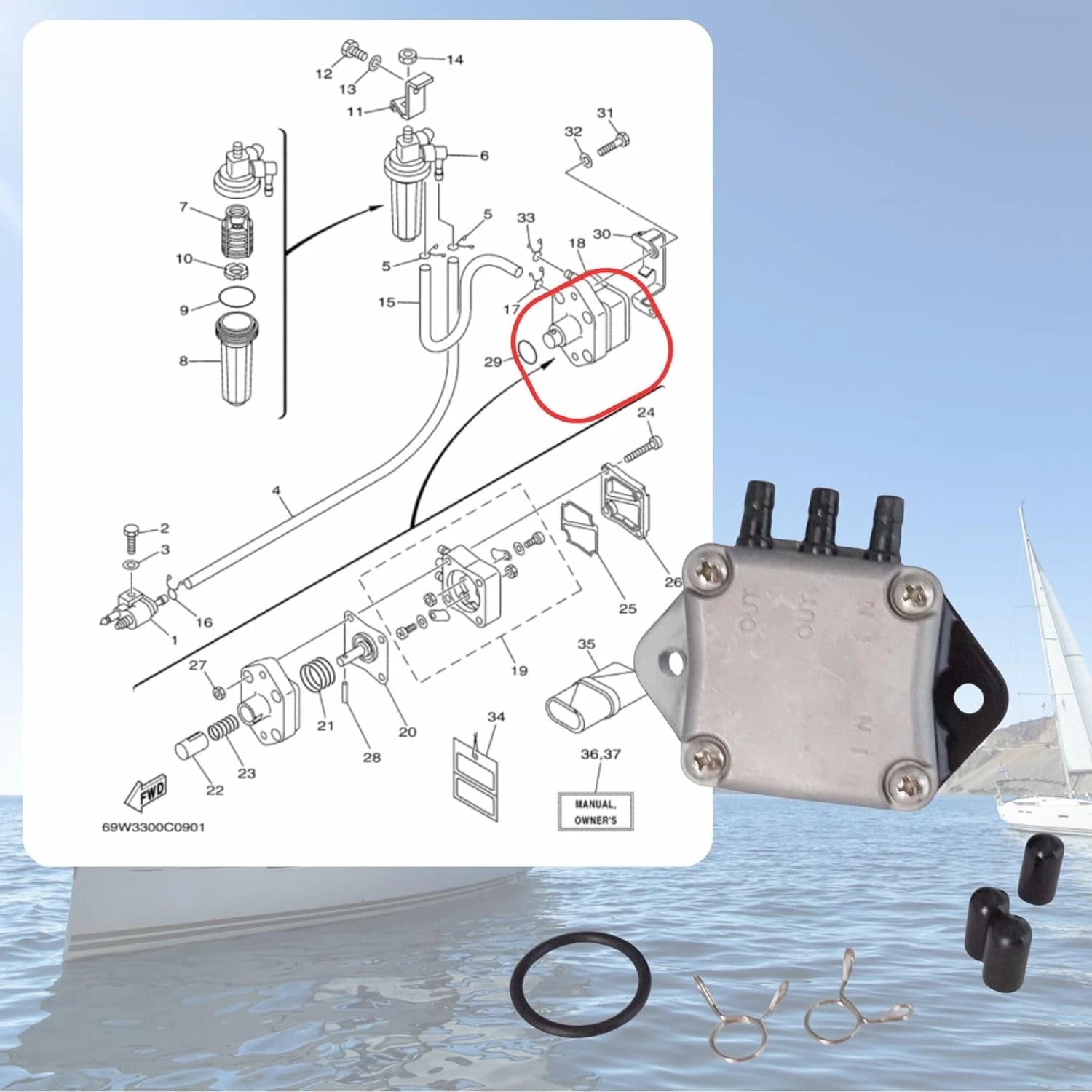 Marine Fuel Pump for Yamaha Outboard 25-50 HP (4-Stroke) (62Y-24410-02)