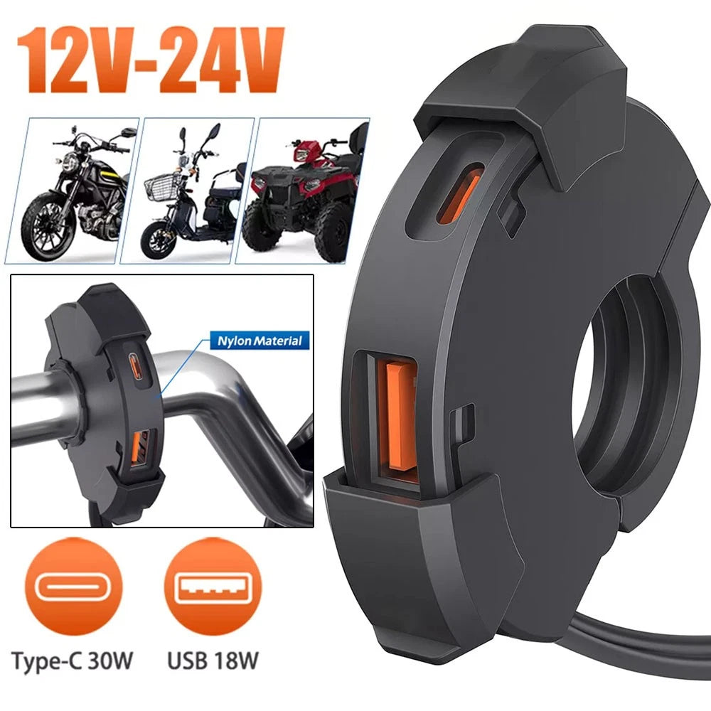 Dual USB Fast Charger Adapter for Motorcycle (12V-24V) - QC 3.0 Type-C