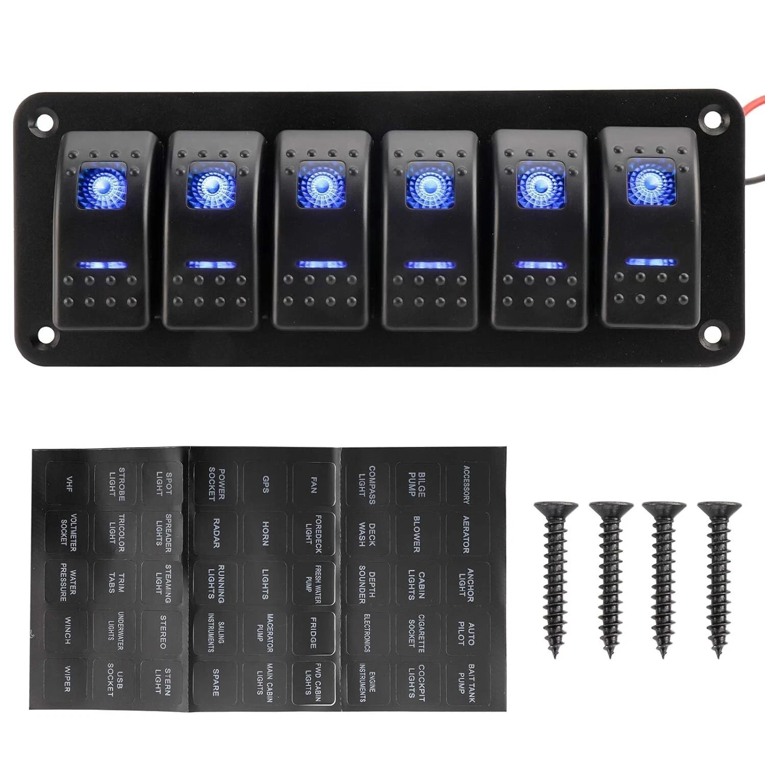 6 Gang Rocker Switch Panel for Universal Vehicles (12-24V) - Blue LED, IP65