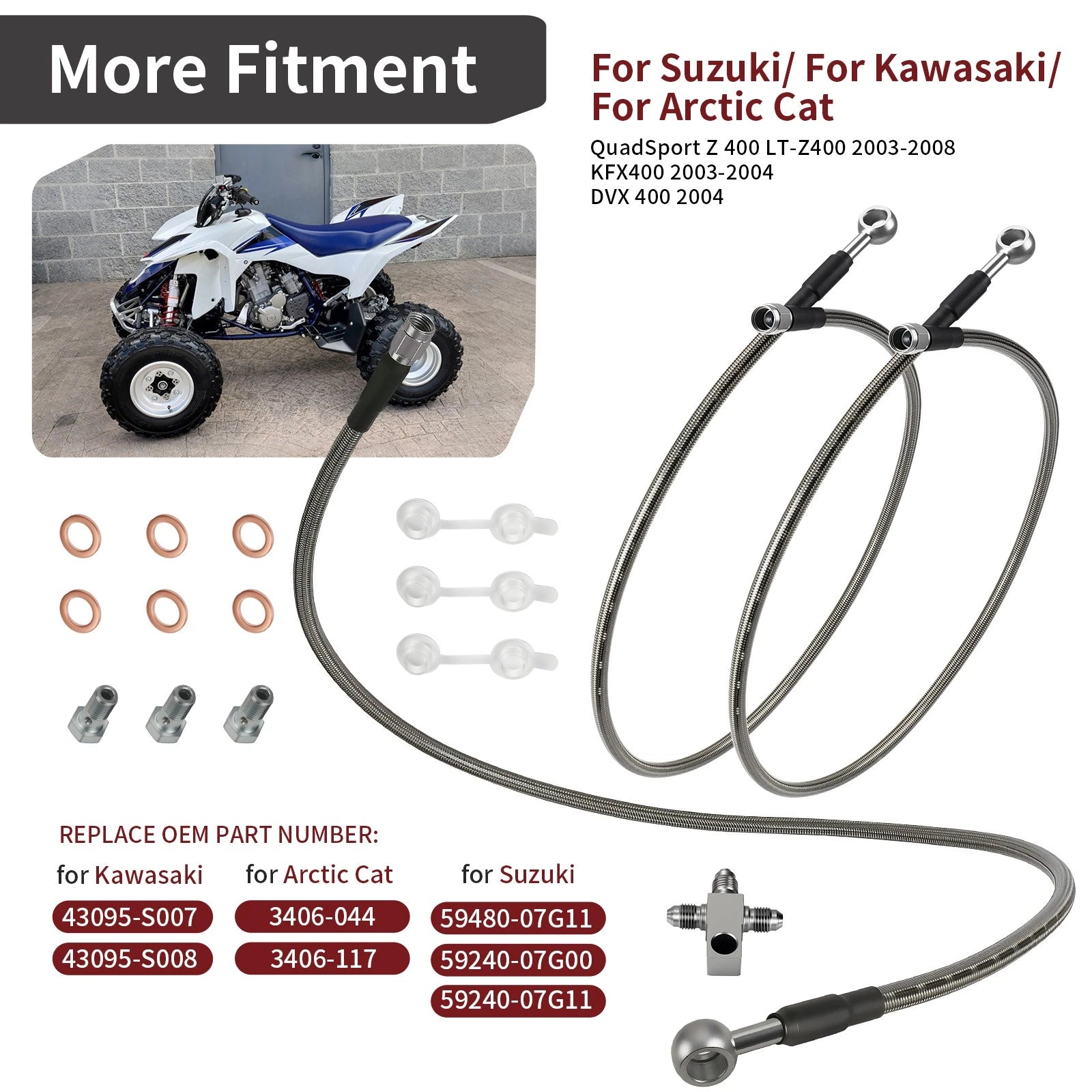 3 Stainless Braided Brake Lines for Arctic Cat DVX 400 (2004) 3406-044 3406-117