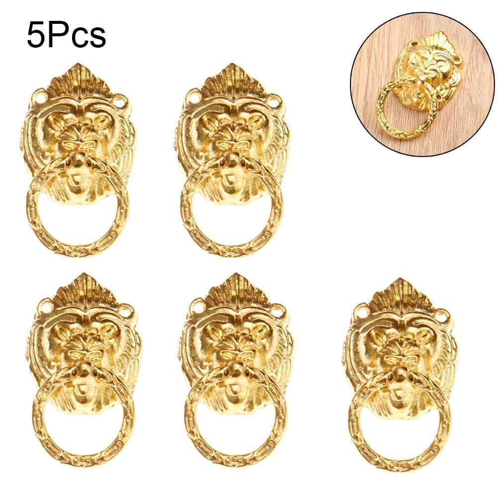 5X Gold Lion Head Drop Ring Drawer Knob Pulls for Cabinets