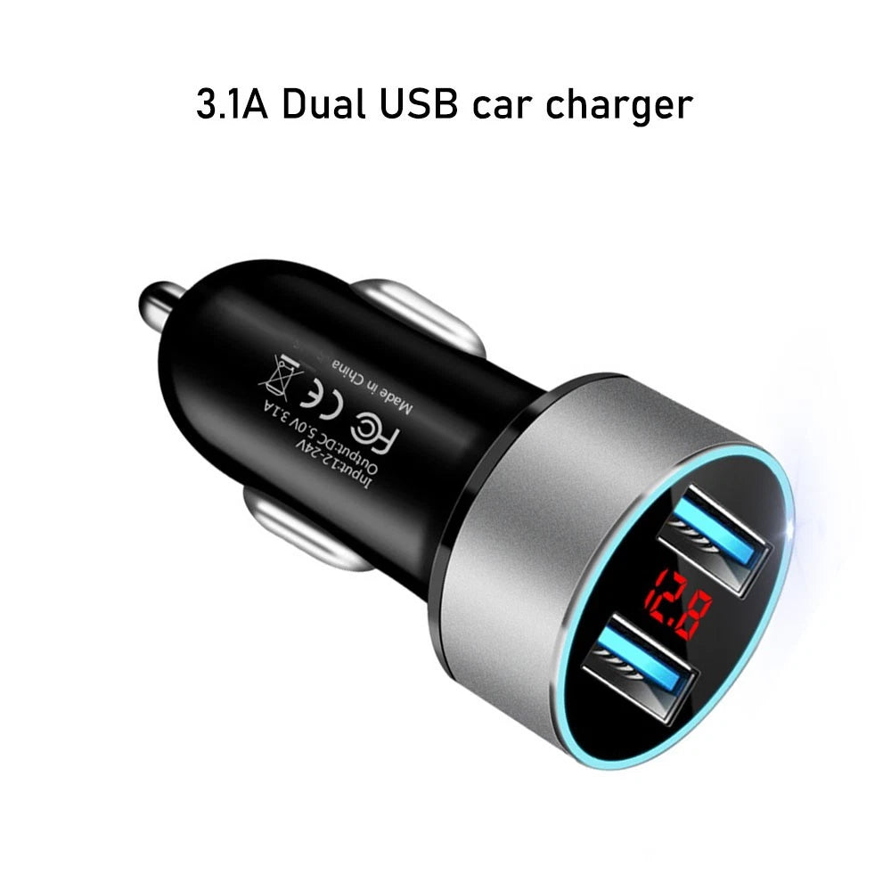 Dual USB Car Charger with LED Voltage Display for Universal Vehicles (2010–2023)