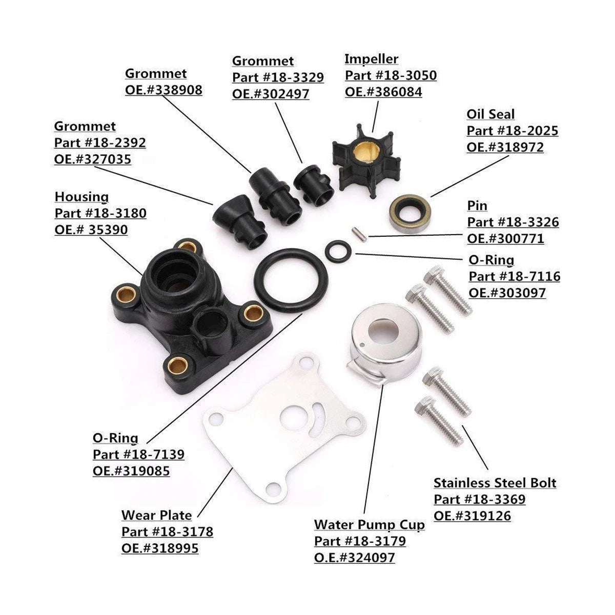 Impeller Water Pump Repair Kit for Johnson/Evinrude 9.9hp & 15hp (0394711)