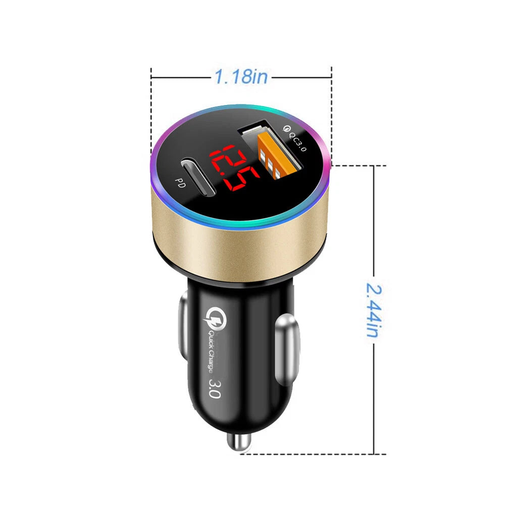 2X QC3.0 USB Type C Car Charger for 12V-24V Vehicles