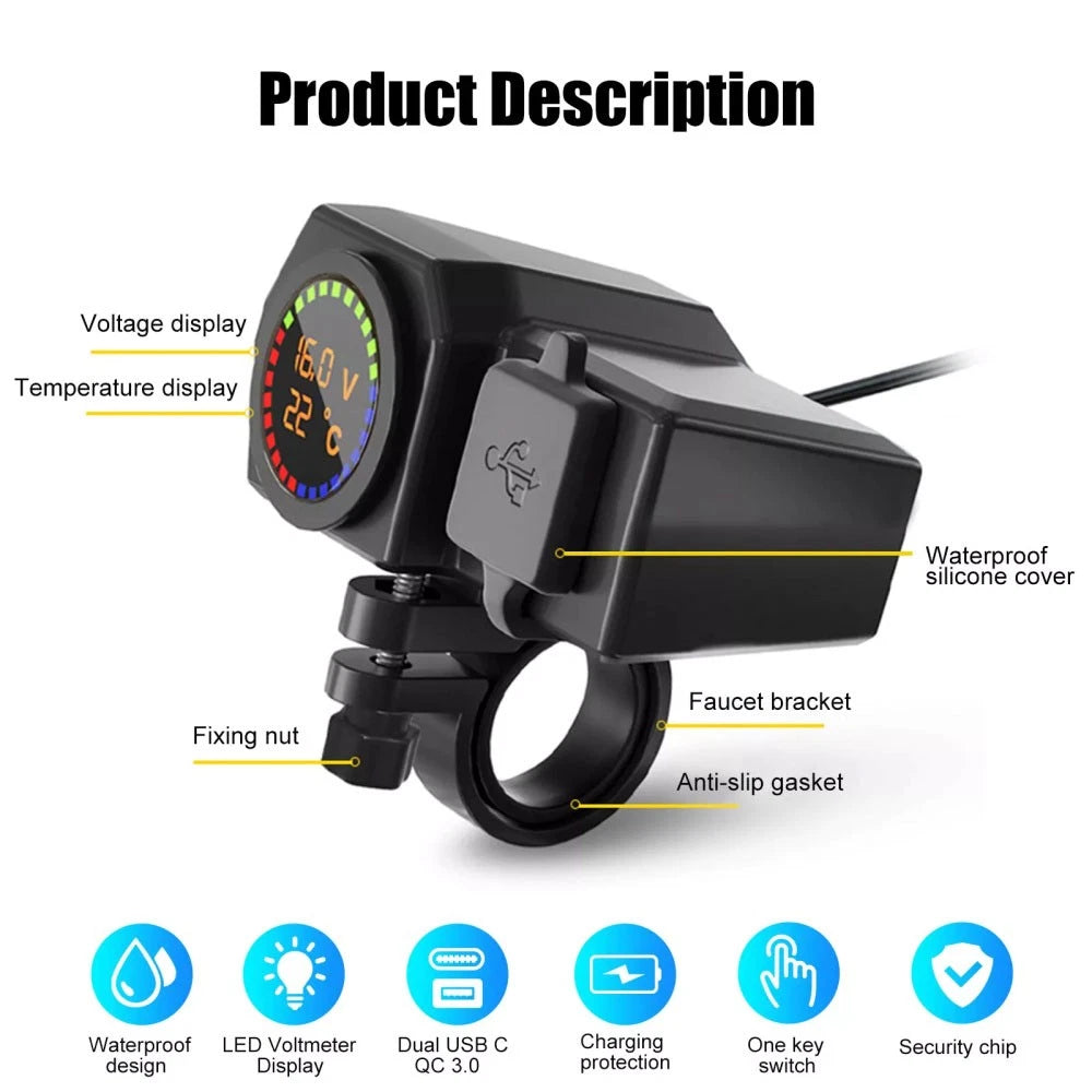 Dual USB Fast Charger Adapter for Motorcycle (LED QC 3.0)
