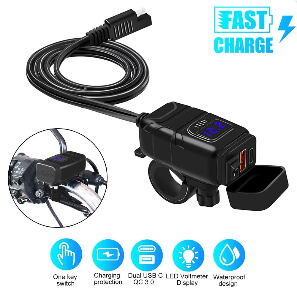 Dual USB Quick Charger with Voltmeter for Motorcycle ATV (12V-24V)