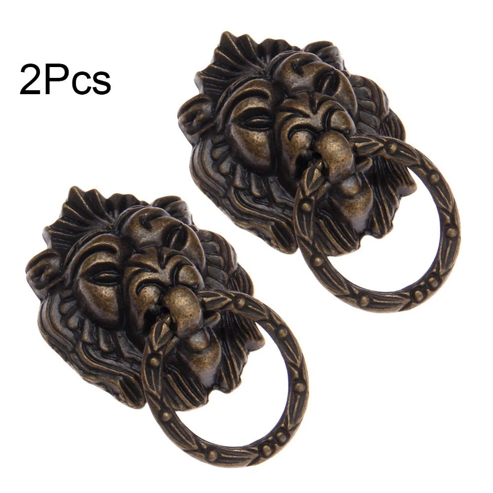 2Pcs Antique Lion Head Cabinet Drawer Pull Handle Knob
