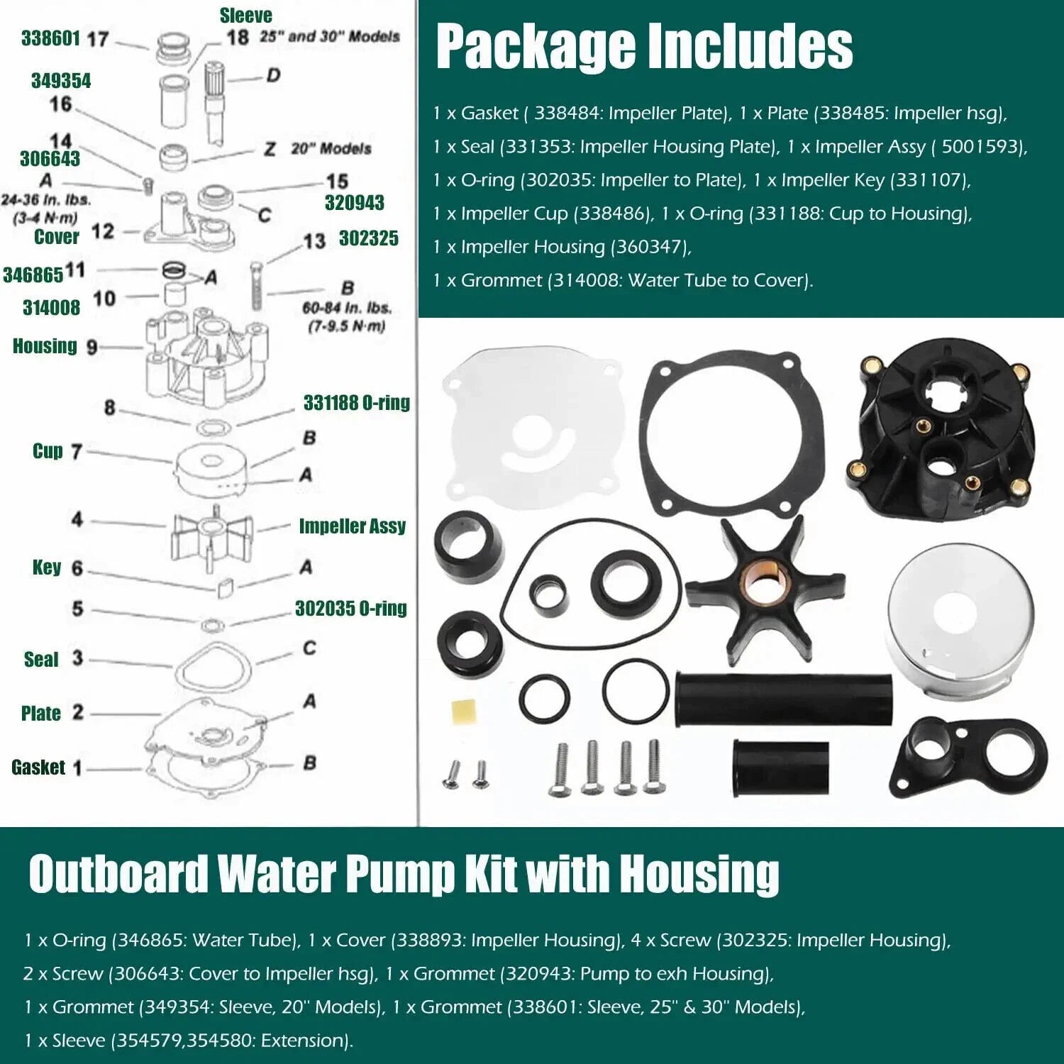 Water Pump Kit for Johnson Evinrude 90 115 150 200 225 250 (5001595, 18-3315-2)