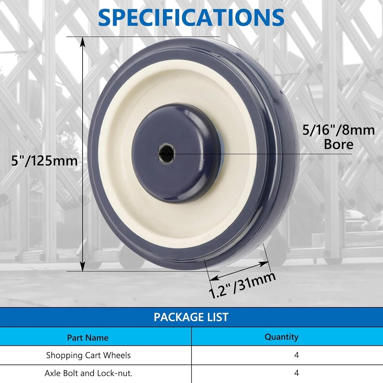 Set of 4 Replacement 5" Shopping Cart Wheels with Axles & Bolts