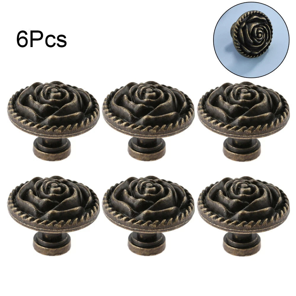 6X Antique Rose Flower Handle Knob for Dresser Drawer Cabinet Door