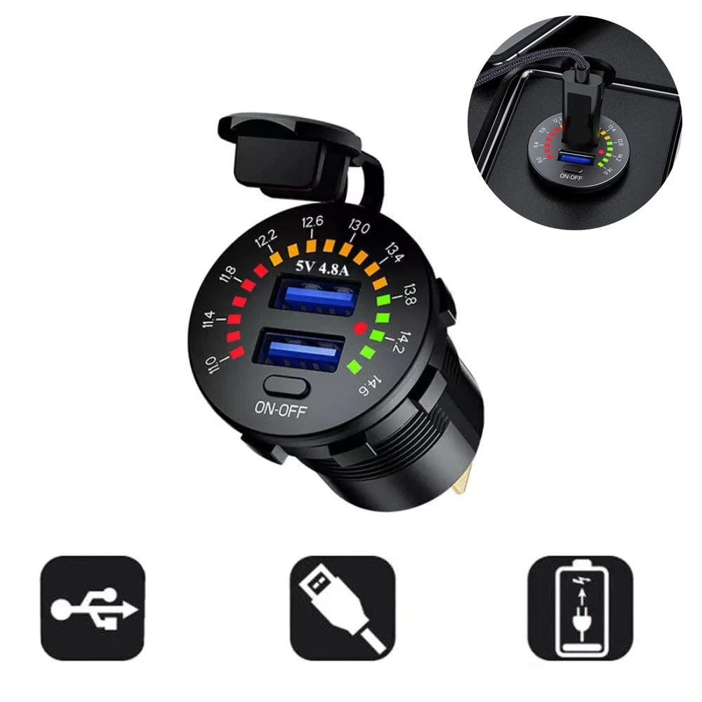 Dual USB Fast Charger Cigarette Lighter Socket with LED Voltmeter (12V-24V)
