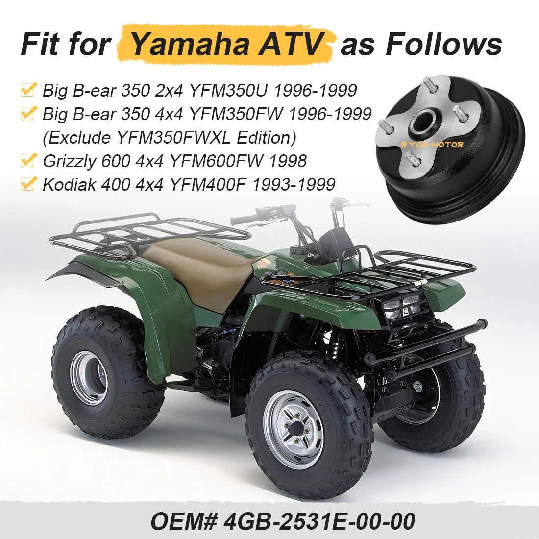 Rear Brake Drum for Yamaha Kodiak 400 YFM400FW Grizzly 600 YFM600FWA (1993–1999)