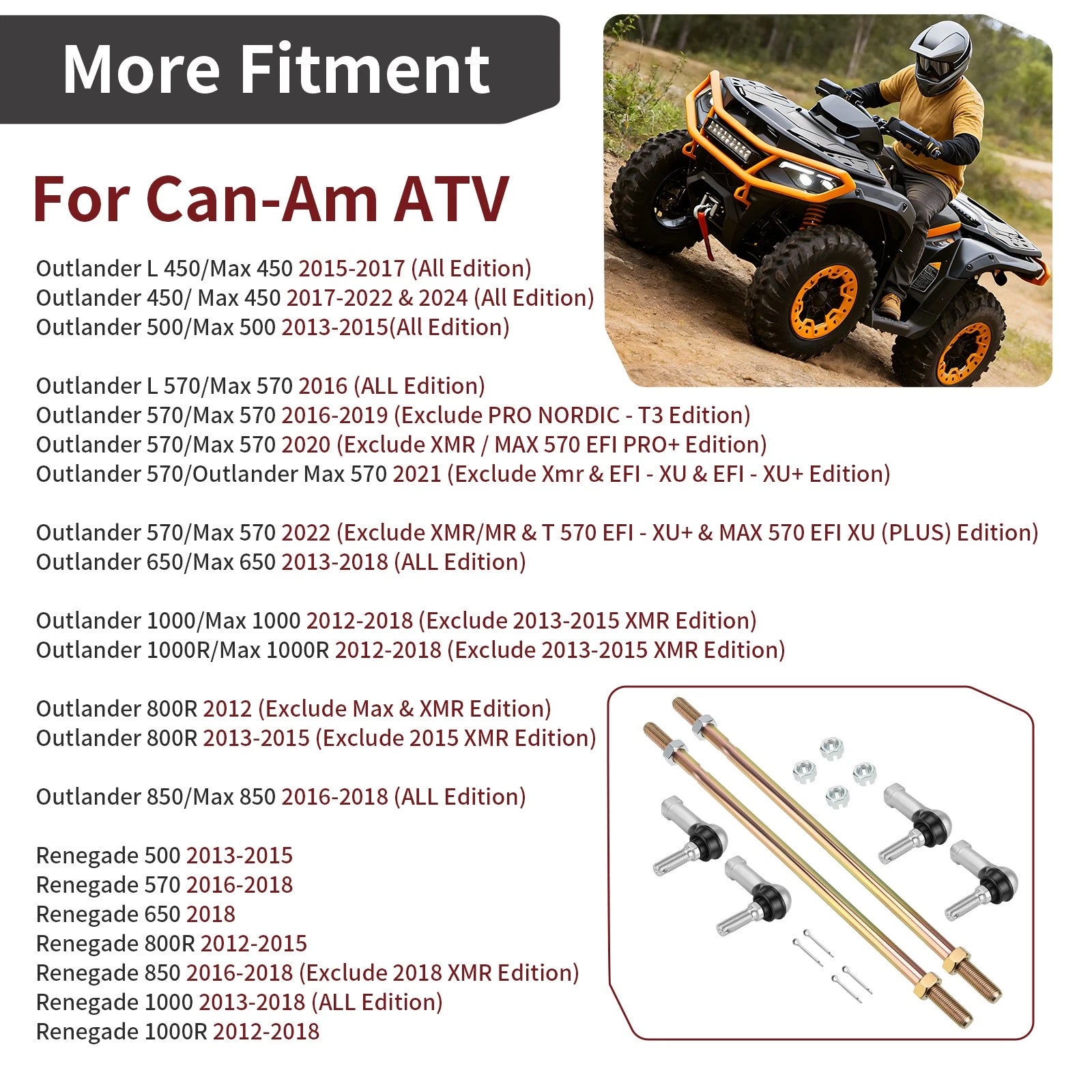 Tie Rods w/End Kit for Can-Am Renegade 500 570 650 800R 850 1000 1000R (2013–2023) 703500783