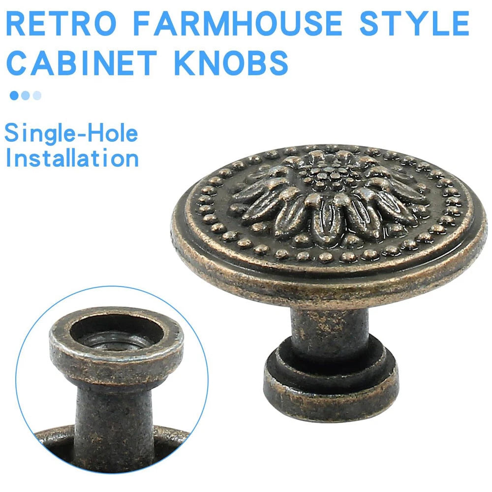 Set of 6 Antique Bronze Flower Door Handles for Dresser Drawer