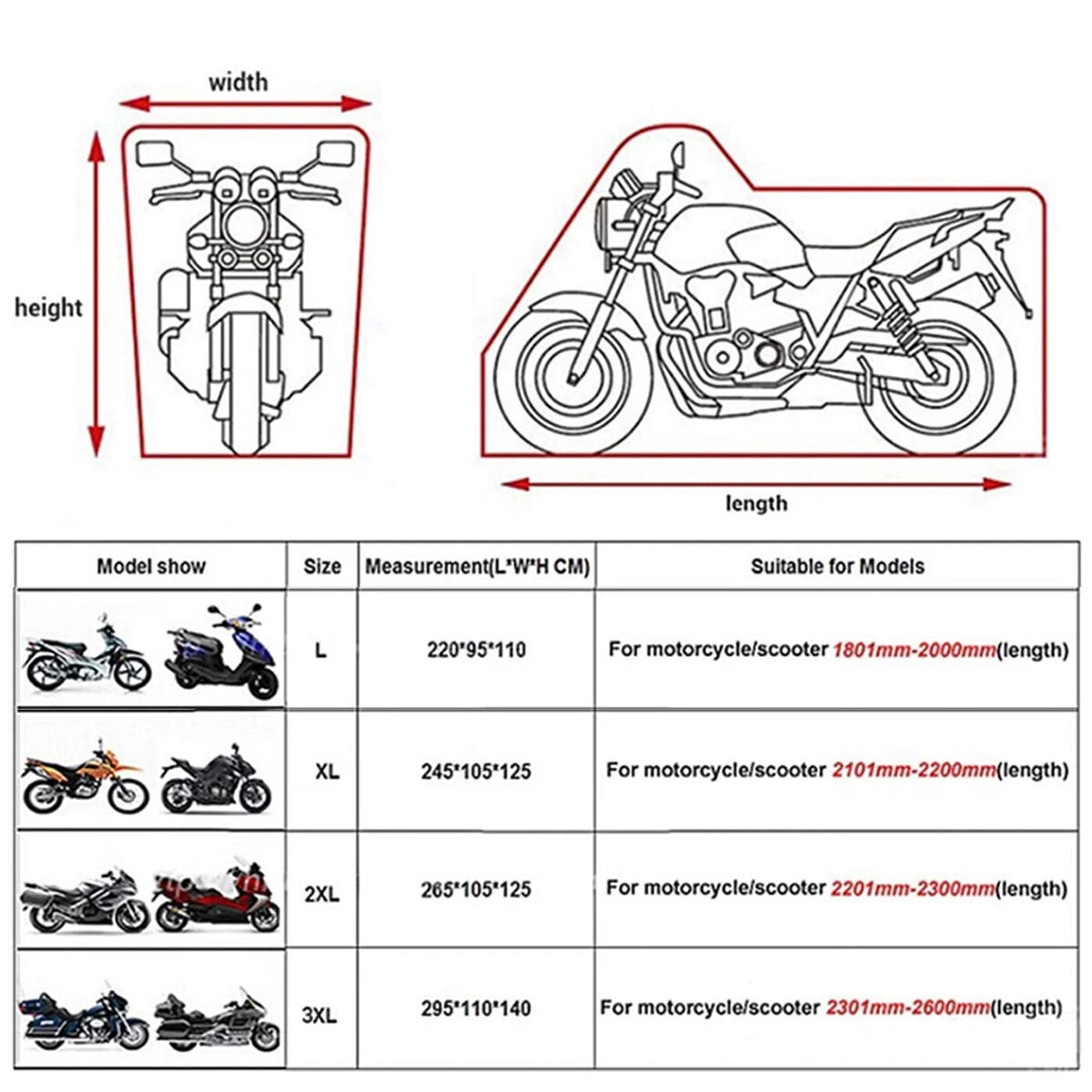 Motorcycle Cover for L-3XL (Winter, Waterproof, Outdoor Storage)