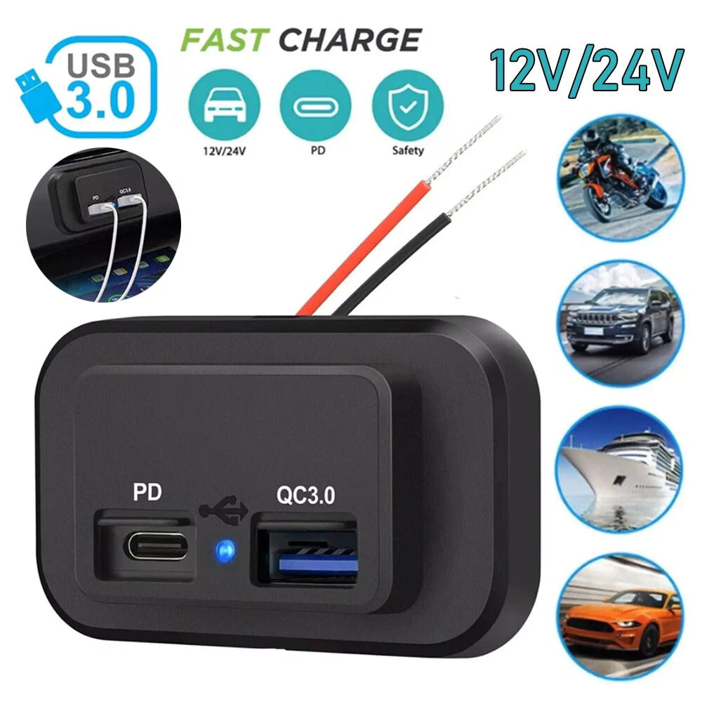 Dual USB Fast Charger Socket for Car Boat RV (QC3.0 PD Type-C)