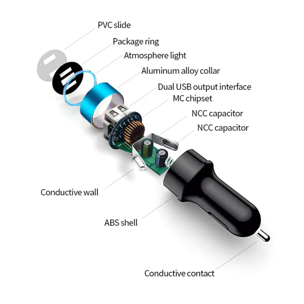 Dual USB 3.1A Car Phone Charger with LED Voltmeter for Universal Vehicles (12V/24V)
