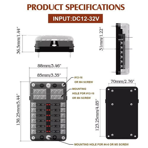 12-Way Blade Fuse Box Holder with LED Indicator for Car Boat (12V 32V)