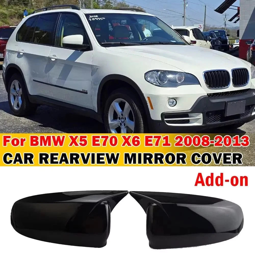 2X Gloss Black Side Wing Mirror Cap Covers for BMW X5 E70 X6 E71 (2008–2013)
