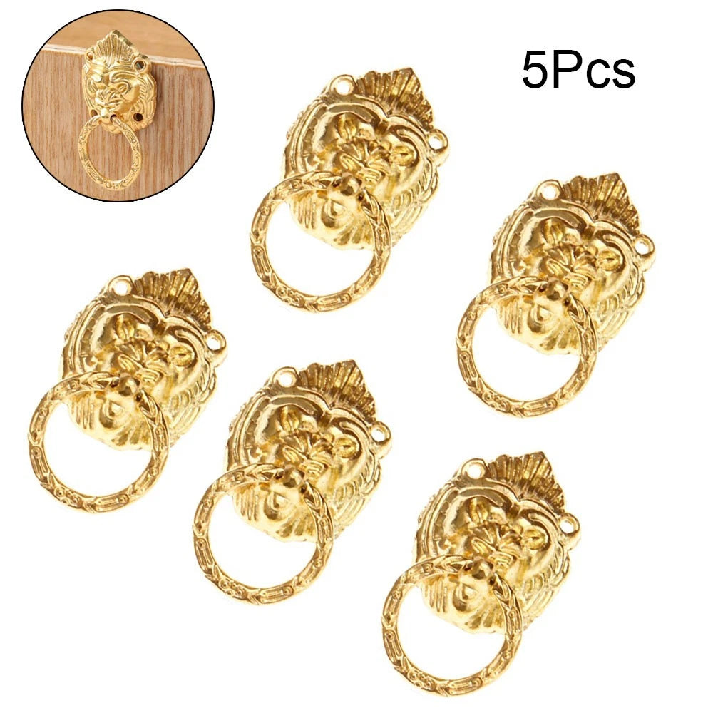 5Pcs Gold Zinc Alloy Lion Head Drawer Door Knob Pulls for Cabinets