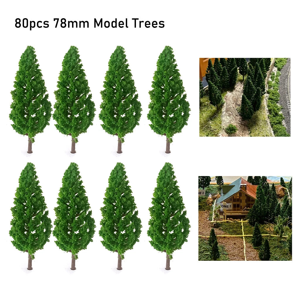 80Pcs 3.07" Green Pine Trees for Train Railway Garden Landscape