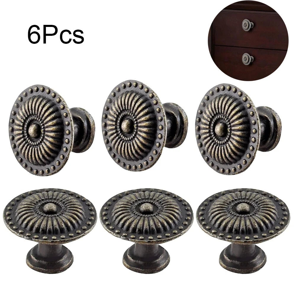 Set of 6 Zinc Alloy Vintage Flower Handle Knobs for Drawer Door Cabinet