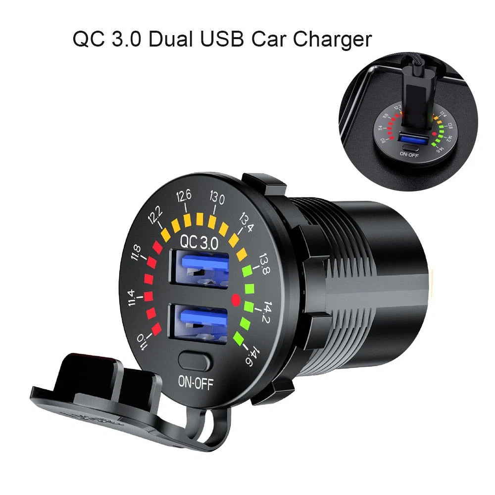 36W Dual USB Fast Charger Socket with LED Voltmeter for Cars (12-24V)