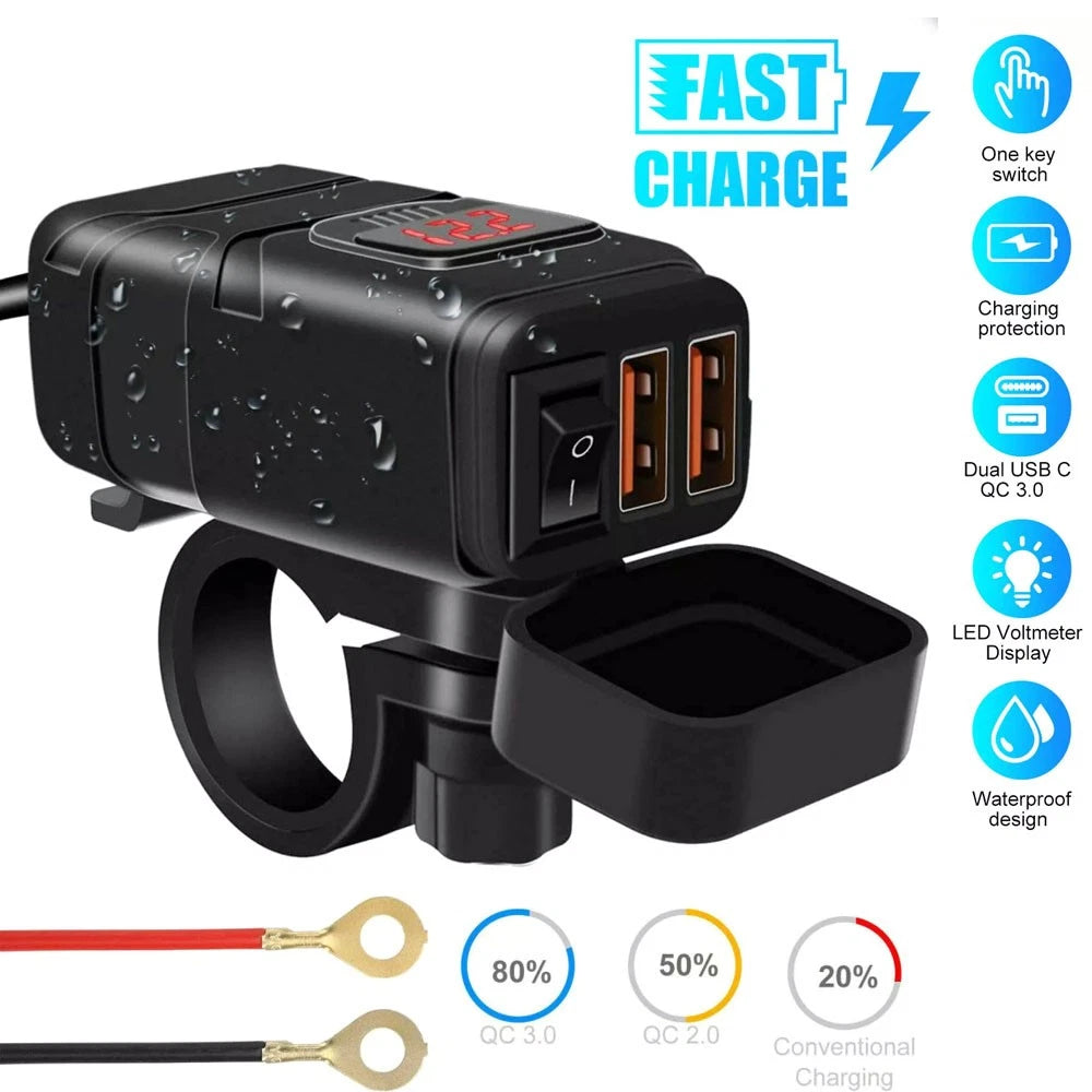 Dual USB Charger Voltmeter for Motorcycles ATV (QC 3.0)