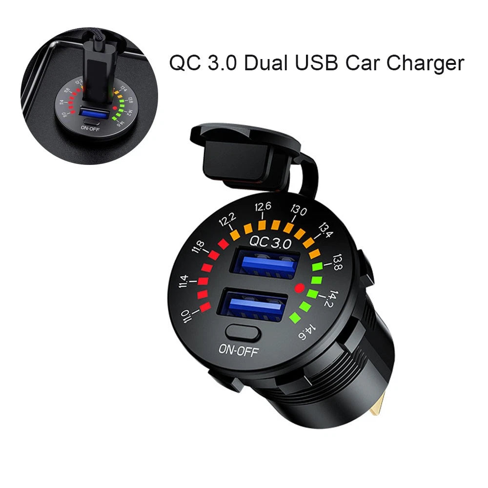36W Dual USB Fast Charger Socket with LED Voltmeter for Cars (12-24V)