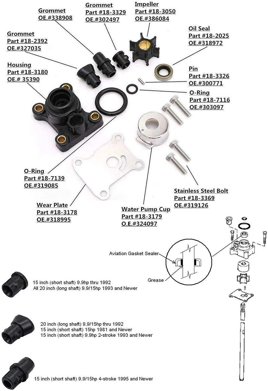 Water Pump Impeller Kit for Johnson Evinrude 9.9 15 HP (394711 386697)
