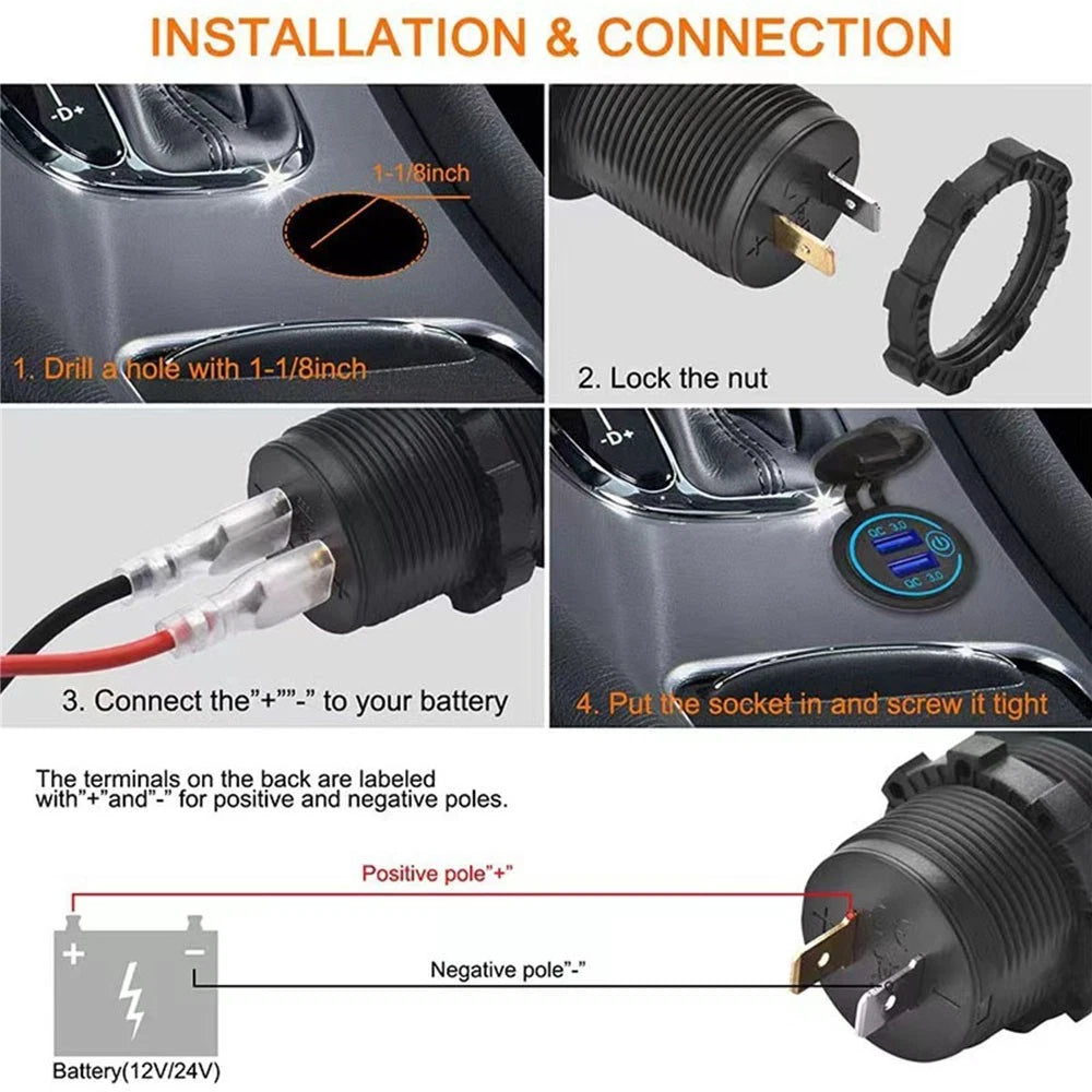 Dual USB Charger Adapter for QC3.0 Cigarette Lighter Socket (12-24V)