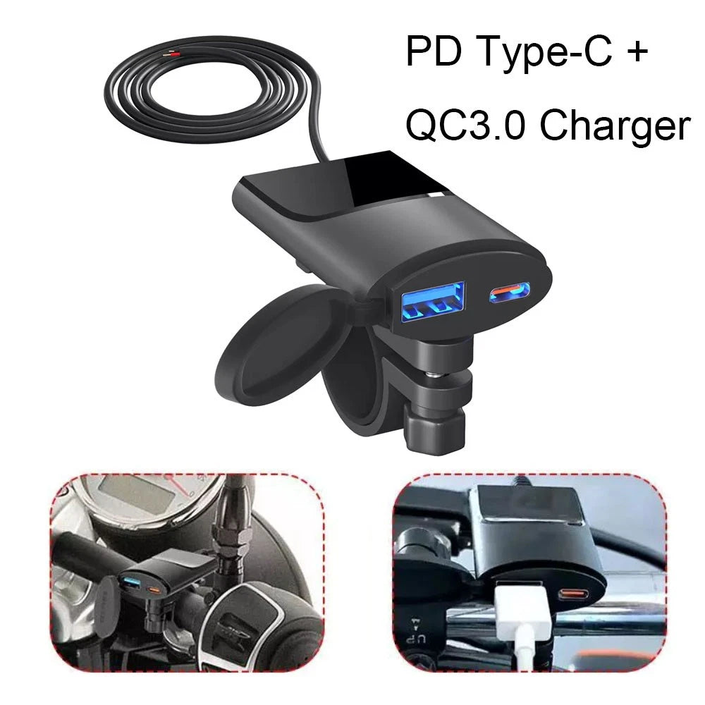 Dual USB Fast Charger Adapter for Motorcycle (Waterproof, QC3.0, PD)
