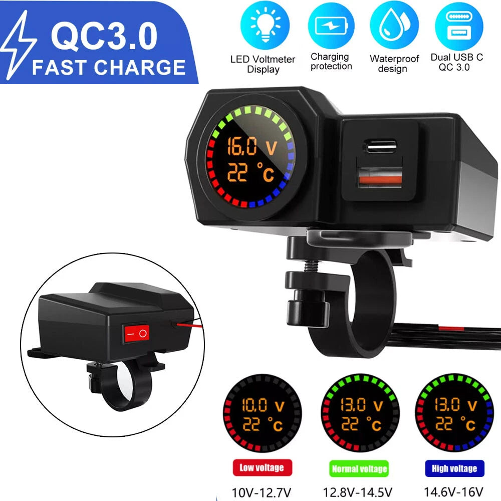 Dual USB Fast Charger Adapter QC 3.0 Type-C for Motorcycle (LED, Waterproof)