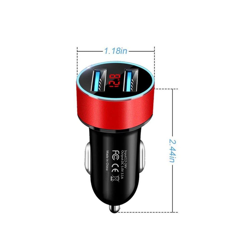 Dual USB Car Charger for Universal Vehicles (12V-24V) with LED Display