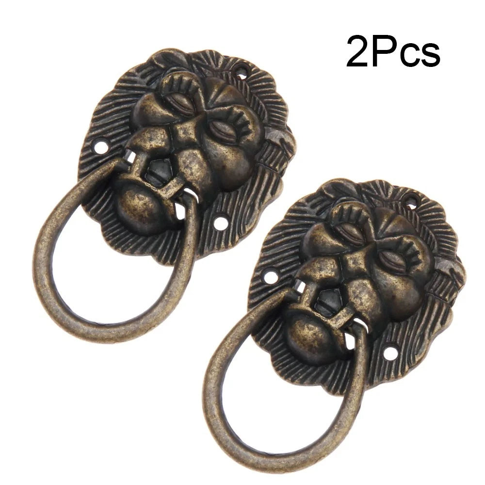 2Pcs Antique Bronze Lion Head Cabinet Knob Pull Handle 40x66mm