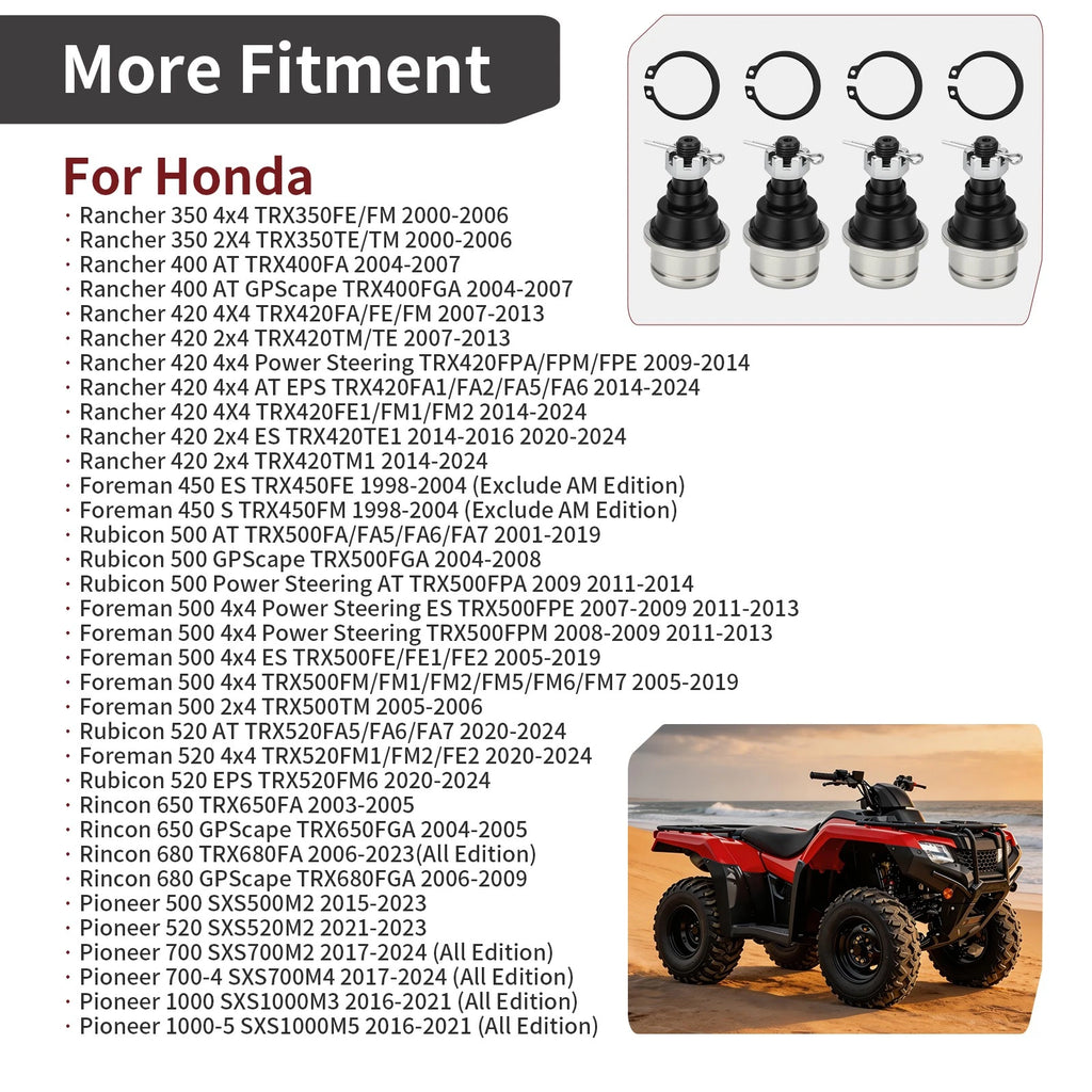 Set of 4 Ball Joints for Honda Rancher TRX420, Rincon TRX650, TRX680