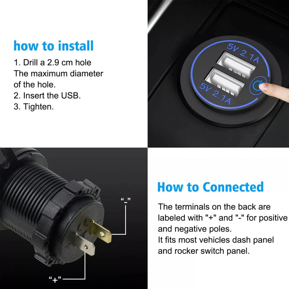 Dual USB Charger Power Adapter for Cars (12-24V)