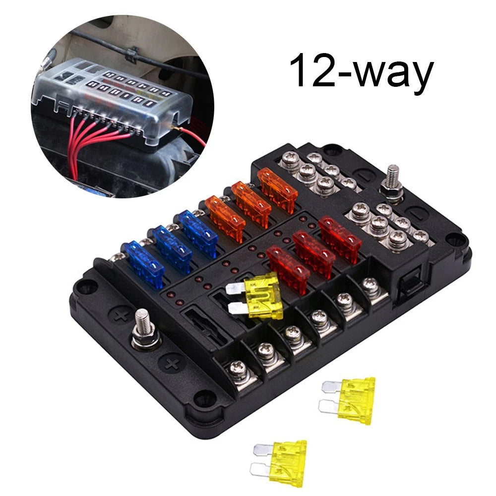 12-Way Blade Fuse Box Holder with LED Indicator for Car Boat (12V 32V)