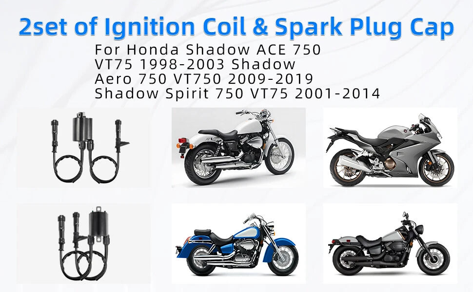 Set of 2 Ignition Coils + Caps for Honda Shadow Spirit 750 (2001–2009)