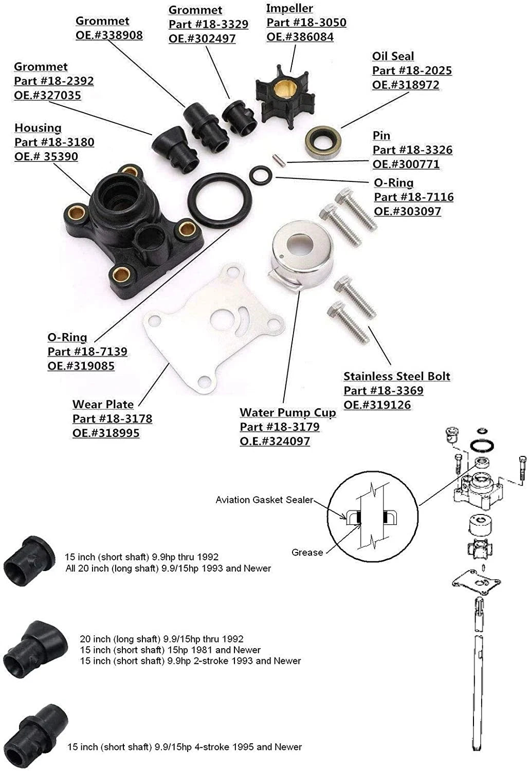 Water Pump Impeller Repair Kit for Johnson Evinrude 9.9 15 HP (394711)