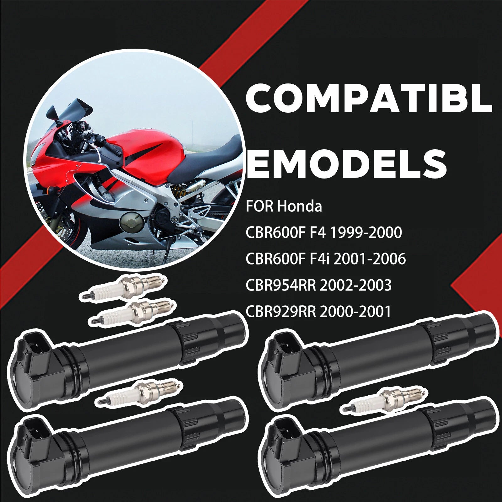 Set of 4 Ignition Coils 30700-MEE-641 for Honda CBR600RR (2007–2024) w/Iridium Spark Plug